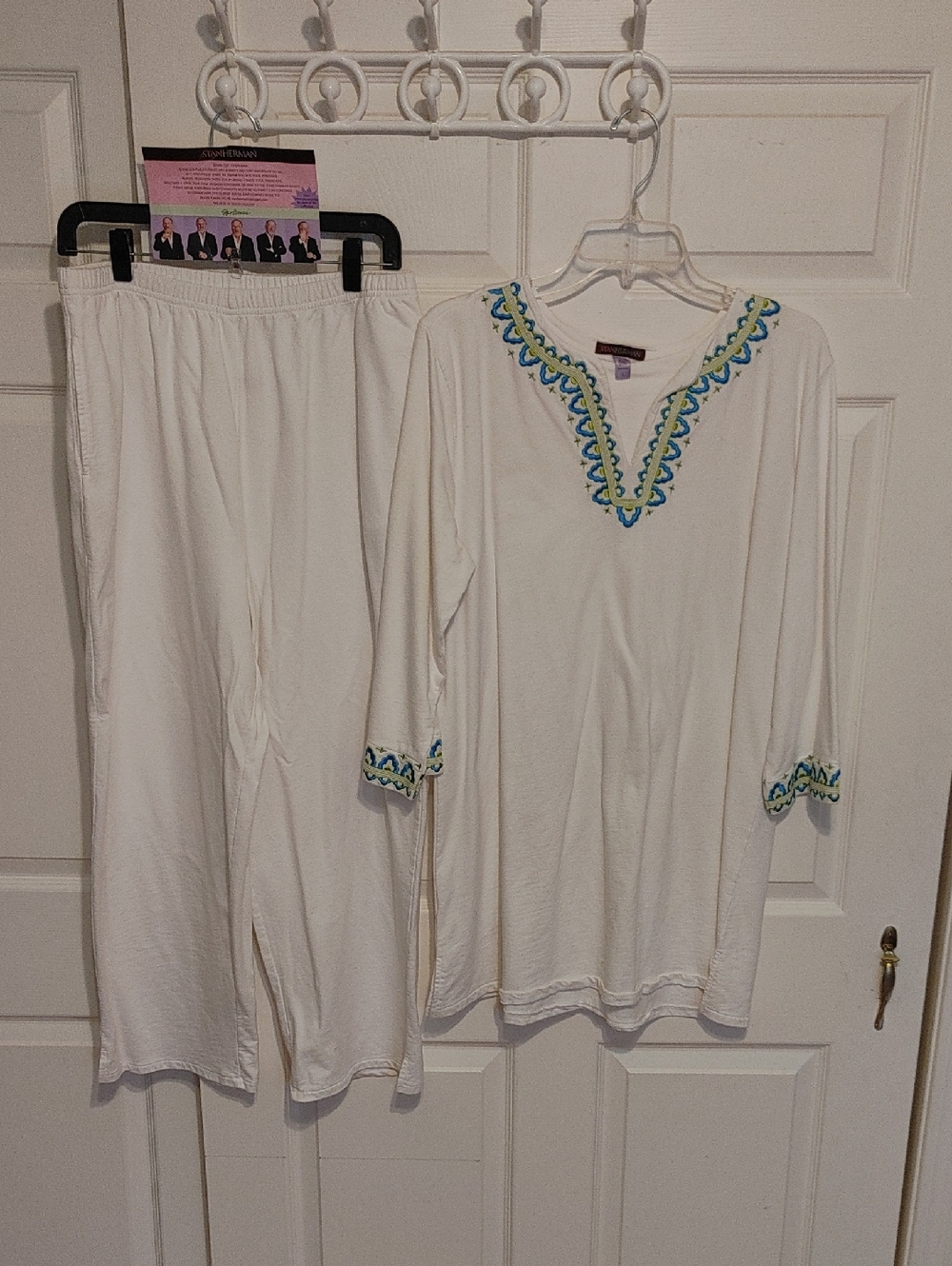 White Embroidered Women's Pajama Set with Blue & Green Accent